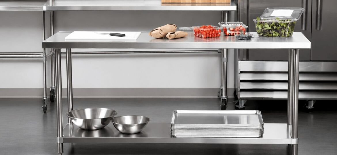Durable stainless steel work table featuring a spacious undershelf and smooth top for professional kitchen prep